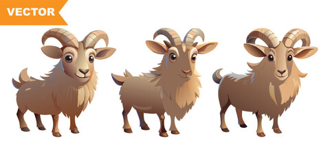 Fototapeta premium Three vector illustrations of a cute goat in different poses. The goats are depicted in a charming and friendly style, suitable for farm-themed designs, children’s books, or educational content