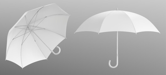 White umbrella mockups set isolated on background. Vector realistic illustration of parasol templates with blank space for branding, fabric sunshade with plastic handle, waterproof fashion accessory © klyaksun