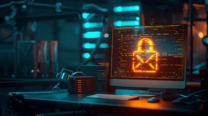 Cybersecurity Concept with Lock Icon on Computer Screen.