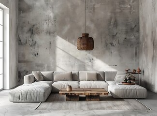 modern living room interior with a large gray corner sofa and wooden coffee table, 