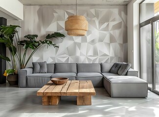modern living room interior with a large gray corner sofa and wooden coffee table, geometric 