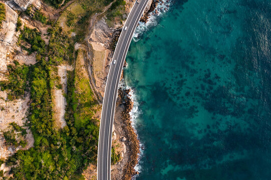 Aerial drone view of coastal highway and coastline, Sydney, Australia