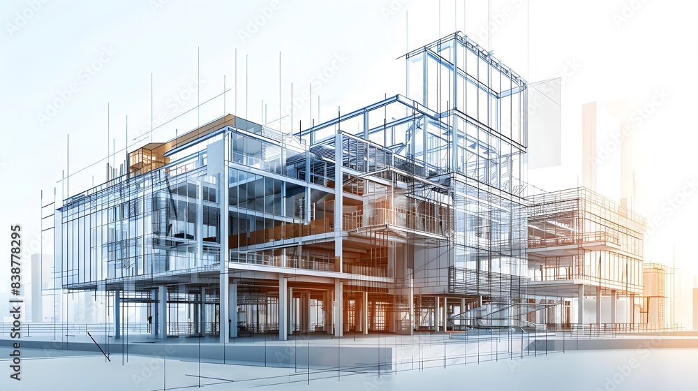 Poster a construction project, with detailed digital models showcasing every aspect of the building's desig