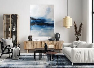 Modern living room interior with a blue and white abstract painting on the wall, 