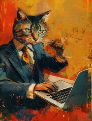 Sophisticated Feline Business Executive Intensely Typing on Laptop in Vibrant Bold Backdrop