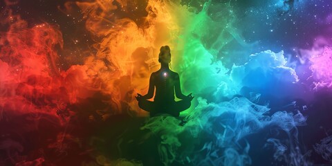 Meditation Scene with Colorful Chakra Background Generative AI