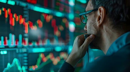 Male financial analyst examining stock ticker display