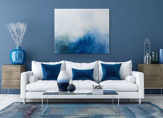 Modern living room interior with white sofa, glass coffee table and blue vases near wooden sideboard in the background