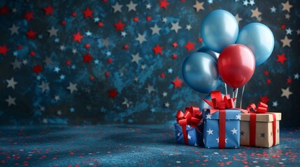 Patriotic gift boxes with balloons and decorations