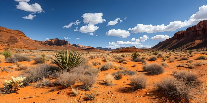 Red desert valley with sparse vegetation cacti and sandstone buttes in the distance. Concept Red Desert Landscapes, Sparse Vegetation, Cacti, Sandstone Buttes, Nature Photography