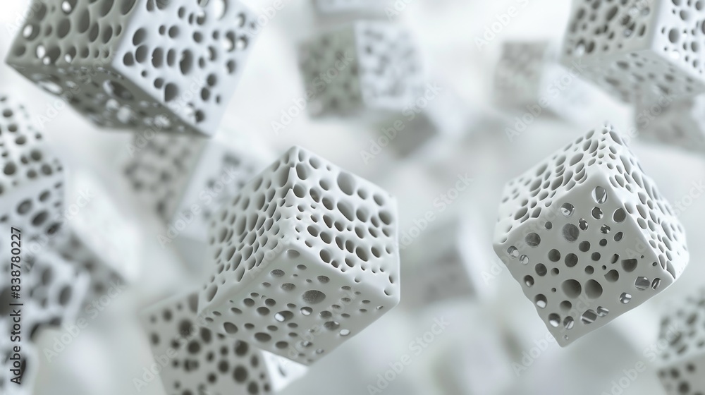 Poster abstract 3d cubes with perforated surfaces in white, floating in the air, creating a modern and futu