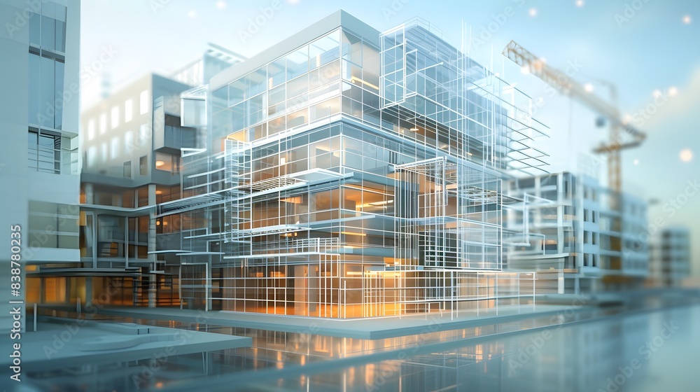 Poster a construction project, with detailed digital models showcasing every aspect of the building's desig
