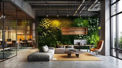 Interior Of Open Space Office With Plant Wall Background And Cityscape