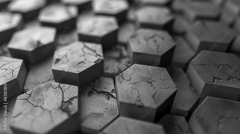 Aufkleber close-up of a textured, cracked hexagonal pattern in black and white, creating an abstract, industri