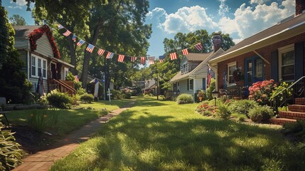 A neighborhood block party with patriotic decorations