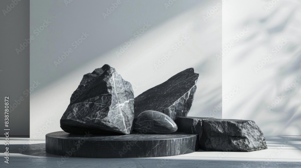 Poster abstract arrangement of dark rocks on a round platform with soft natural lighting and shadows in a m