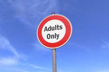 3d rendering of a traffic sign - adults only warning symbol - In the background a blue sky with clouds - censored - adult content.