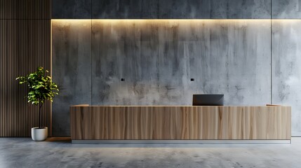 An office reception area with a modern wooden desk against a concrete wall, with soft lighting, illustrating a corporate interior design concept. 3D Rendering