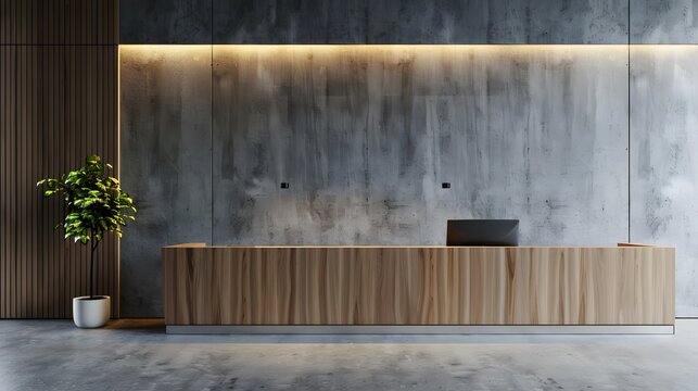 An office reception area with a modern wooden desk against a concrete wall, with soft lighting, illustrating a corporate interior design concept. 3D Rendering
