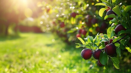 Fresh  fruit with green leaves on a branch of a plum tree in the orchard. Shallow depth of field. Ripe plums on a tree in the garden. Plum on a tree branch close-up in a summer garden. empty space