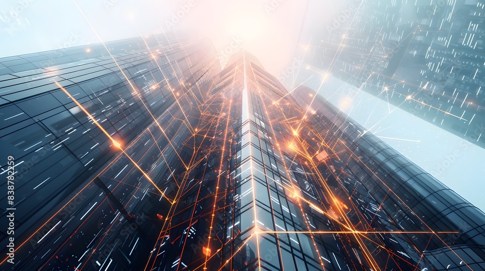 Poster the design and construction of a futuristic skyscraper, with engineers analyzing load-bearing elemen