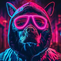 Stylish Dog in Neon Sunglasses and Hoodie