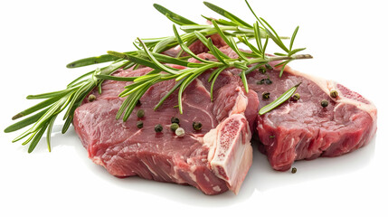 Raw steak garnished with fresh rosemary on a white background, highlighting natural ingredients, perfect for cooking and grilling concepts.