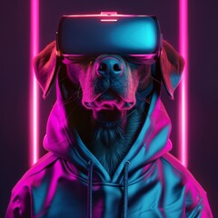 Dog Wearing VR Headset in Neon-lit Room