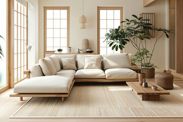 minimalist living room in the japandi style with furniture.