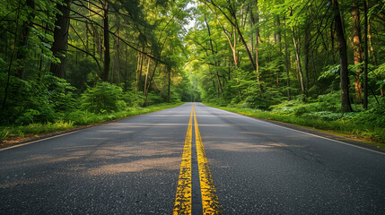 Fototapeta premium A pristine road slices through a lush, vibrant forest, inviting travelers to venture into the cool, green depths along a path bathed in soft, dappled sunlight