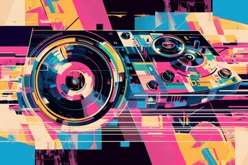 Brightly colored abstract photograph of a stereo system with speakers