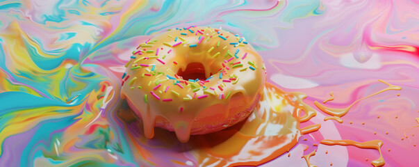 Obraz premium Colorful doughnut with sprinkles on a swirling pastel background, showcasing a vibrant and tempting dessert scene in close-up.