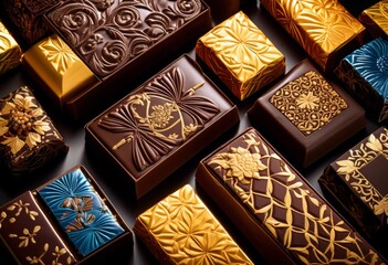 Fototapeta premium exquisite handcrafted chocolate bars revealed open packaging, artisanal, gourmet, cocoa, confectionery, premium, luxury, decadent, delicacies, unwrapped, artisan