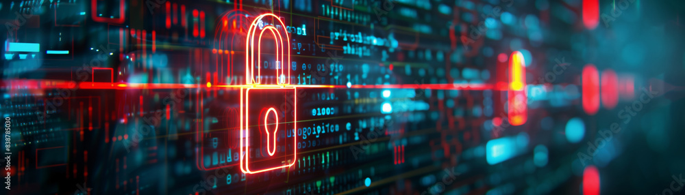 Aufkleber digital cybersecurity concept with a glowing padlock icon on a futuristic data interface, representi