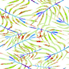 Watercolor palm tree leaves seamless tropical pattern