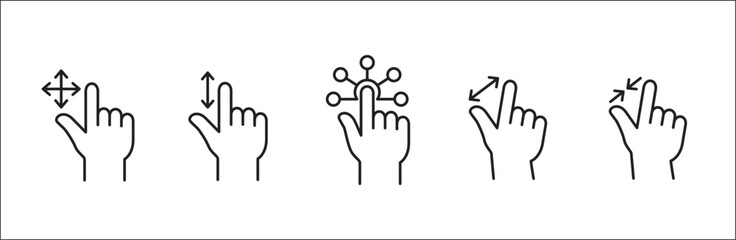 Finger touch screen gesture icon set. Touch gestures icons for navigation, zoom, and setting. Vector stock icon isolated on white. Graphic design for button template and illustration.