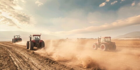 Naklejka premium Tractors Working in Dusty Rural Fields.