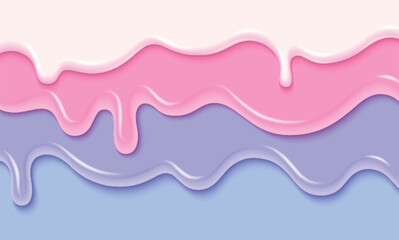 Three layers of pastel colored candy or ice cream drip. Realistic 3d vector illustration of sweet dessert border with melted flowing icing. White, pink and blue liquid glaze and delicious frosting.
