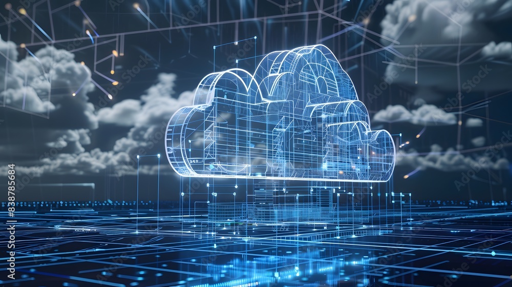 Poster a cad software operating on a cloud platform, highlighting features like remote access, real-time co