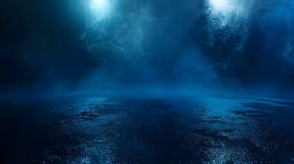 Dark street with wet asphalt and reflections of rays in the water