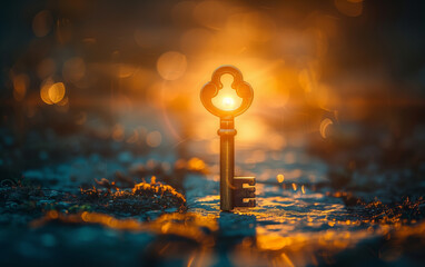 Vintage key glowing with enchanting light on mossy ground, creating a magical and surreal atmosphere with warm colors and bokeh effects.