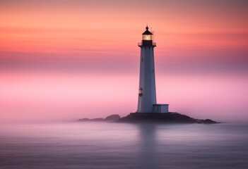 solitary lighthouse misty dawn light, fog, morning, lonely, isolated, beacon, maritime, navigation, structure, building, coastal, ocean, sea, tranquil