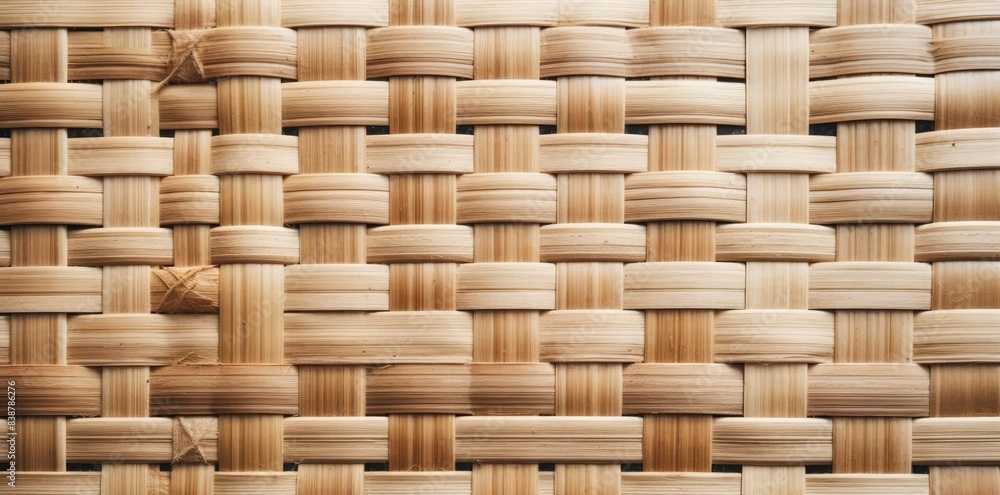 Poster rattan textured wicker baskets stacked on top of each other, with a single wicker basket in the fore