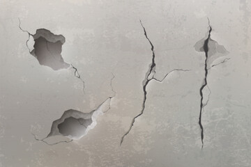 Damaged concrete wall texture. Vector realistic illustration of abstract black crack and holes on cement surface, ground fracture after earthquake, grungy interior design element, stone building ruin