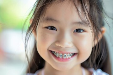 Close up portrait of a cute smiling Asian girl with braces on her teeth looking at the camera while sitting in the orthodontist office, focused on her tooth and bracket, blurred background