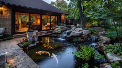 Tranquil Waters. Serene Japanese Koi Pond Patio Designs