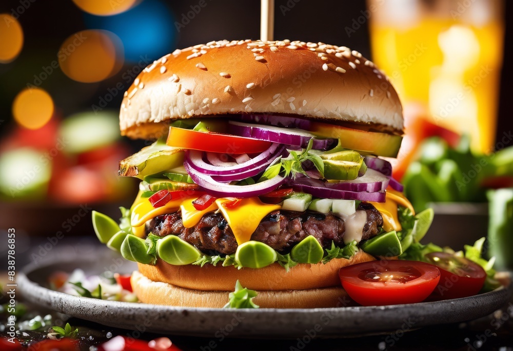 Wall mural delicious juicy burger overflowing fresh toppings ingredients, appetizing, tasty, mouthwatering, con