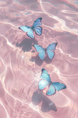 3 blue butterflies on clear water, dreamy pastel aesthetic. The ripples in the shallow sea surface reflect sunlight and light. Light pink and blue summer aesthetic.