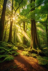 radiant sunlight filtering through lush forest canopy enchanted grove, streaming, trees, green, foliage, shadows, tranquil, peaceful, serene, picturesque, woods, bright