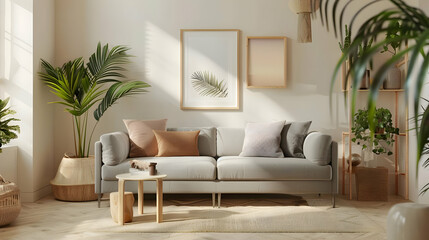 Cozy modern living room with a grey sofa, neutral decor, and indoor plants, bathed in natural light creating a serene atmosphere.